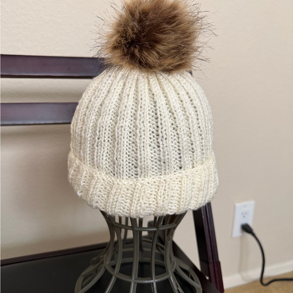 Kids' Cream Knit Beanie with Brown Pom-Pom